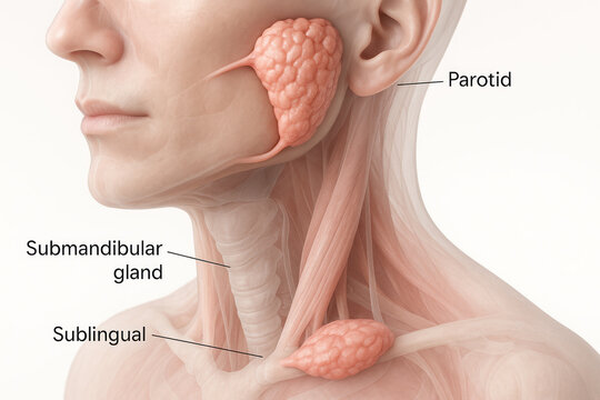 Salivary Glands Anatomy: Parotid, Submandibular, Sublingual. Illustration