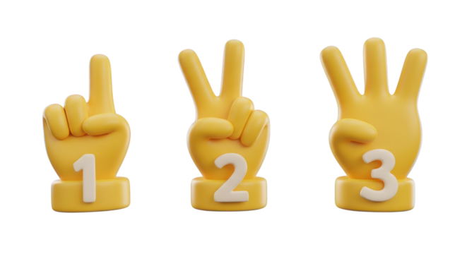Three 3D yellow hands counting one two three fingers isolated on a transparent background