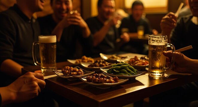 Friends enjoying food and drinks at a Japanese Izakaya.

