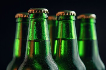 Close-up of four green beer bottles.  Focused on the necks and caps.  Dark background
