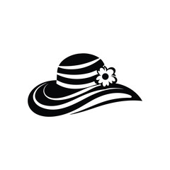 Black wide brim hat with white stripes and flower decoration on white background fashion accessory