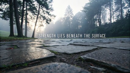 Serene forest path with inspirational text and soft morning light