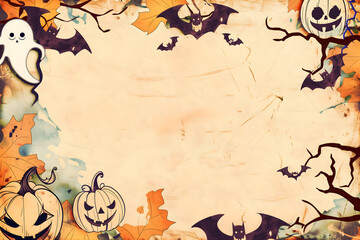 Halloween celebration background with pumpkins bats and ghosts