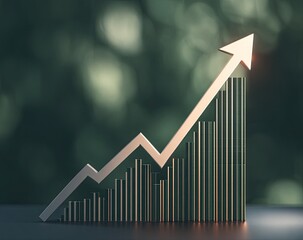 A 3D graphic of a rising bar chart against a blurred green background