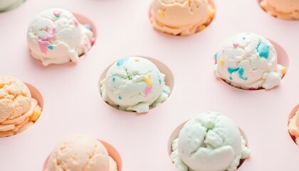 A beautiful photo featuring a repeating pattern of soft pastel colored scoops of ice cream, showcasing a sense of summer minimalism.