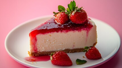 A delectable slice of strawberry cheesecake with a glistening jelly topping is beautifully arranged on a white plate against a soft pink background for dessert bliss.