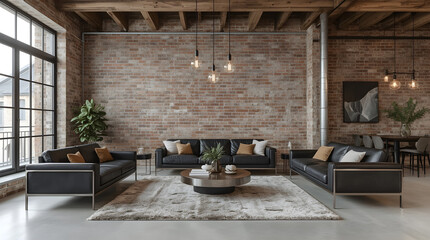 Spacious industrial loft interior with large black leather sectional sofa and brick wall.