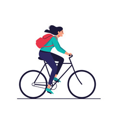 Fototapeta premium Young woman with backpack cycling on a bicycle through town on a sunny day