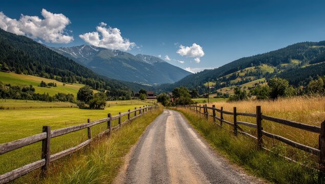 Scenic country road winding through a valley, bordered by a wooden fence and lush greenery, with mountains in the background - Powered by Adobe