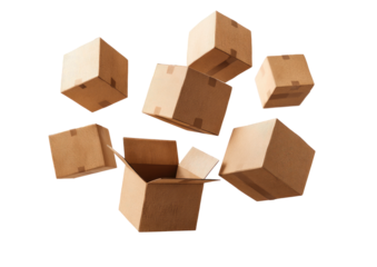 Cardboard boxes of various sizes, stacked and falling.  Some open.  Light brown color.  Against a black background