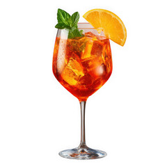 Refreshing aperol spritz cocktail with orange slice and mint isolated on transparent background