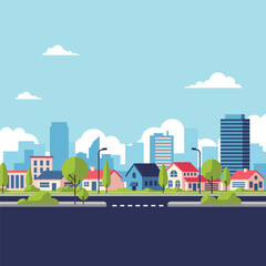 Obraz premium Beautiful flat design cityscape featuring suburban houses and city skyscrapers under a bright blue sky