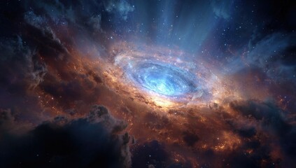 Obraz premium Cosmic nebula, swirling celestial clouds, vibrant colors, glowing center