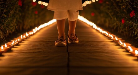 Diwali celebration image. A child walking along a pathway lit with candles. Perfect for designs or media related to festive events, Hindu culture, or religious celebration.