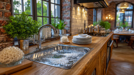 Fototapeta premium Modern kitchen interior featuring a stainless steel sink with running water, wooden countertop, lush greenery, and elegant dining setup, creating a warm and inviting atmosphere