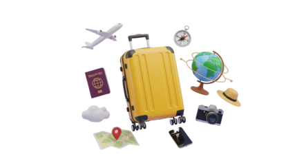 Travel essentials including suitcase passport airplane globe and camera graphic design isolated on a transparent background