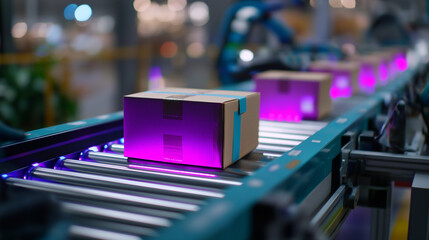 Automated Robotic Arms Placing Packages onto Fast Moving Conveyor Belts Vibrant LED Lighting and Digital Interfaces Tracking Items with Screens and Data Logistics Hub Efficiency