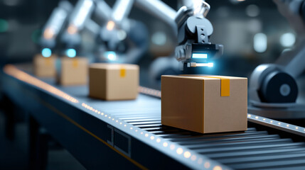 Automated Robotic Arms Placing Packages onto Fast Moving Conveyor Belts Vibrant LED Lighting and Digital Interfaces Tracking Items with Screens and Data Logistics Hub Efficiency