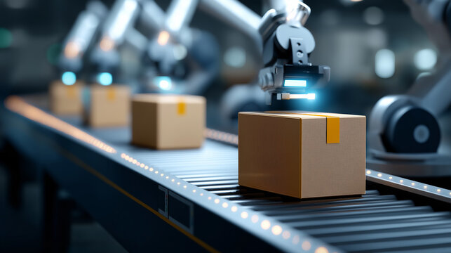 Automated Robotic Arms Placing Packages onto Fast Moving Conveyor Belts Vibrant LED Lighting and Digital Interfaces Tracking Items with Screens and Data Logistics Hub Efficiency
