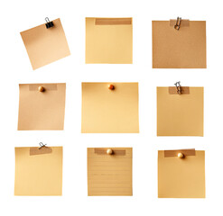 Nine blank, beige sticky notes, affixed to a surface with clips and tacks