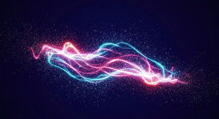 Obraz premium Dynamic abstract design featuring swirling, glowing lines of vibrant pink and turquoise light against a dark backdrop, dotted with tiny particles.