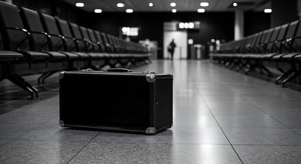 A lonely suitcase in an empty airport.