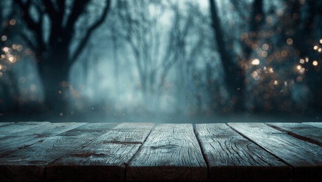 Wooden table in a mystical forest scene - Powered by Adobe
