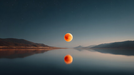 Fototapeta premium Total Lunar Eclipse Reflected in Calm Lake, Red Glowing Moon, Clear Night Sky, Cinematic Realistic Style