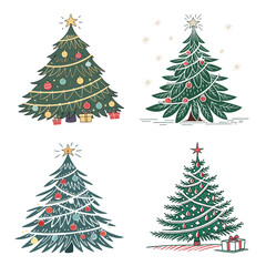 Vector illustration of a decorated green pine Christmas tree with a star on top, isolated on white for the winter holiday season