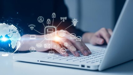 Global Communication and Networking Concept: Business Person Typing on Laptop with Digital Globe, Social Media Icons, and Data Security - Powered by Adobe