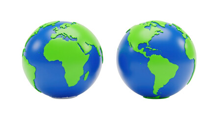 Two 3D Globes Showing Continents earth world isolated on a transparent background