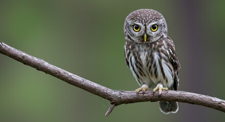 Small owl perched on a branch, facing forward with large yellow eyes and a spotted brown and white plumage