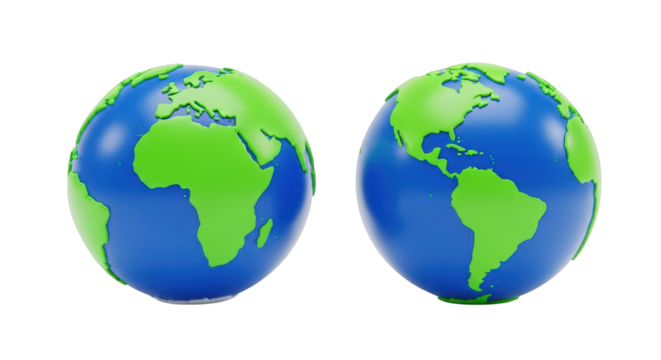 Two 3D Globes Showing Continents earth world isolated on a transparent background