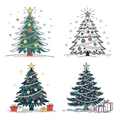 Set of green Christmas tree vector illustrations decorated with snowflakes, stars, and other festive holiday