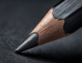 Close-up of a black graphite pencil tip resting on a dark surface