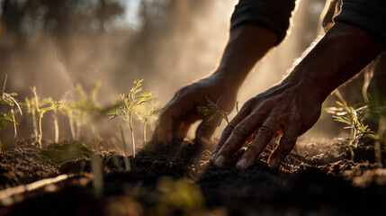 Hands gently planting seedlings in rich soil as sunlight filters through a hazy atmosphere, showcasing the beauty of nature and the nurturing act of gardening at dawn