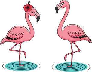 Beautiful pink flamingos standing in water, tropical bird illustration, exotic wildlife, summer design, cartoon style, elegant flamingo art, nature concept. © Hasan Creatives