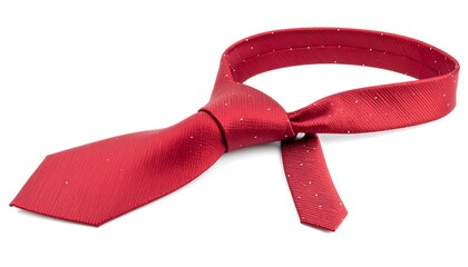 A vibrant red tie with subtle white speckles, tied in a classic knot, lies angled against a plain white background.