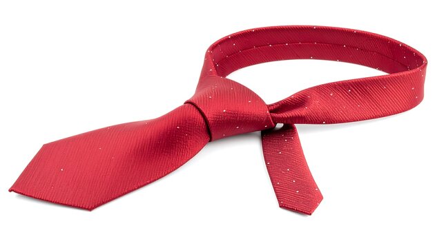 A vibrant red tie with subtle white speckles, tied in a classic knot, lies angled against a plain white background.