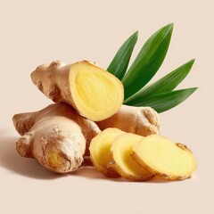 Fresh ginger root, sliced and whole, with vibrant green leaves