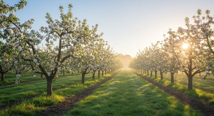 Fototapeta premium A serene orchard path lined with blooming trees, bathed in the soft morning light, showcasing the beauty of spring.