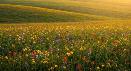 Obraz premium A vast meadow bursts with vibrant wildflowers in a golden light, a scene of joyful beauty.