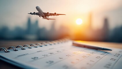 Airplane over a calendar at sunrise