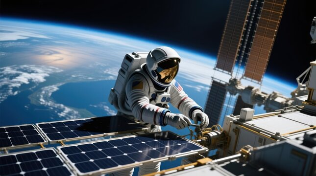 Astronaut working on solar panels of space station orbiting Earth