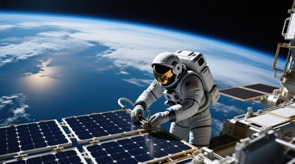 Astronaut working on solar panels of a space station orbiting Earth