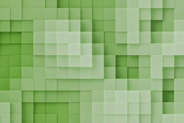 Array of geometric patterns formed from cubes in various shades of green