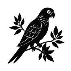 Fototapeta premium Stylized Black Parrot Silhouette on a Branch bird white background