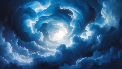 Abstract swirling vortex of luminous blue clouds and bright light creating a sense of wonder