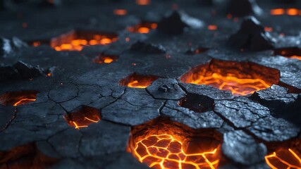 Molten lava cracks glowing beneath dark volcanic rock surface with intense heat texture creating dramatic geothermal natural energy landscape - Powered by Adobe
