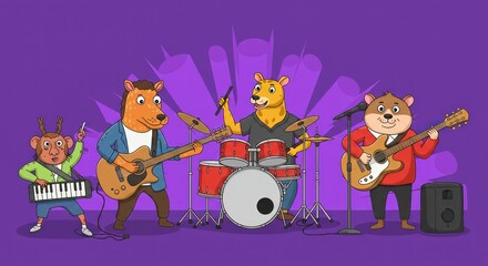 Animal band performs on a purple stage with cartoon style instruments and characters